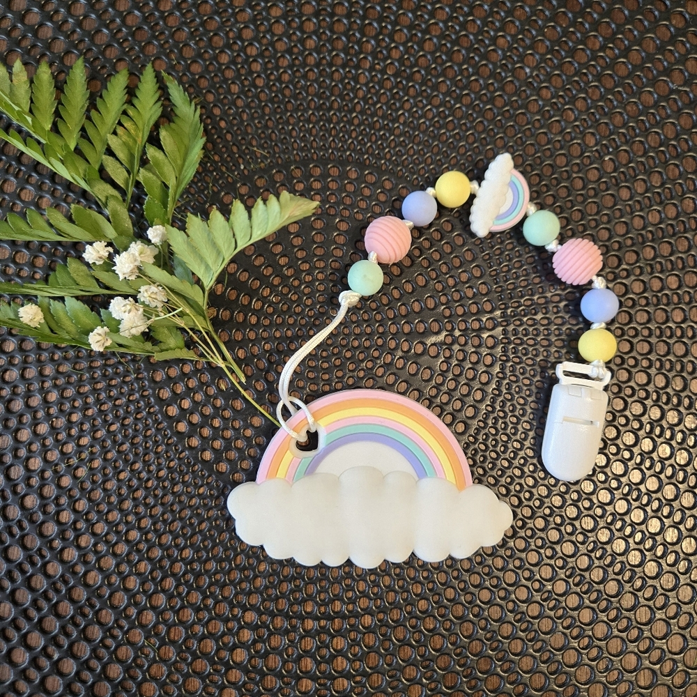 Rainbow pacifier clip with removable teether handmade baby infant